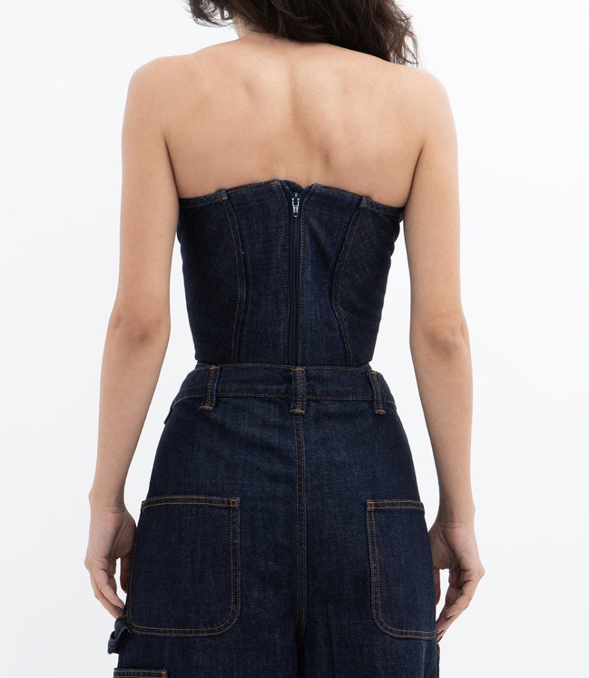 DRAPED STRAPLESS DENIM CORSET