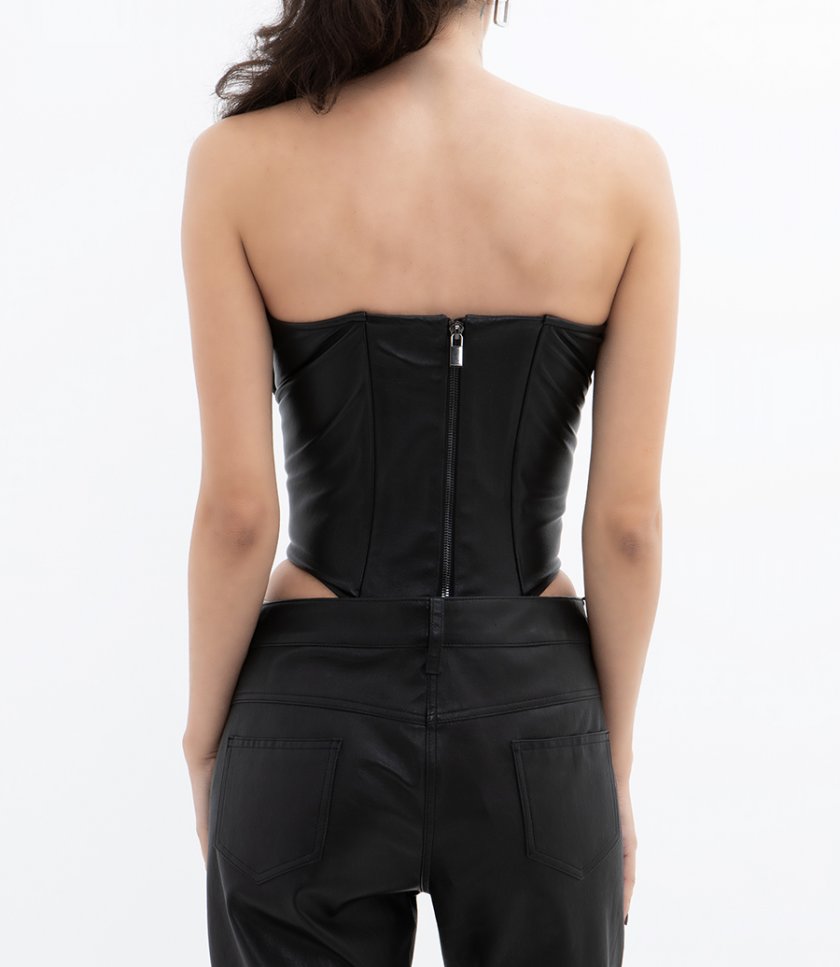 DRAPED STRAPLESS LEATHER CORSET