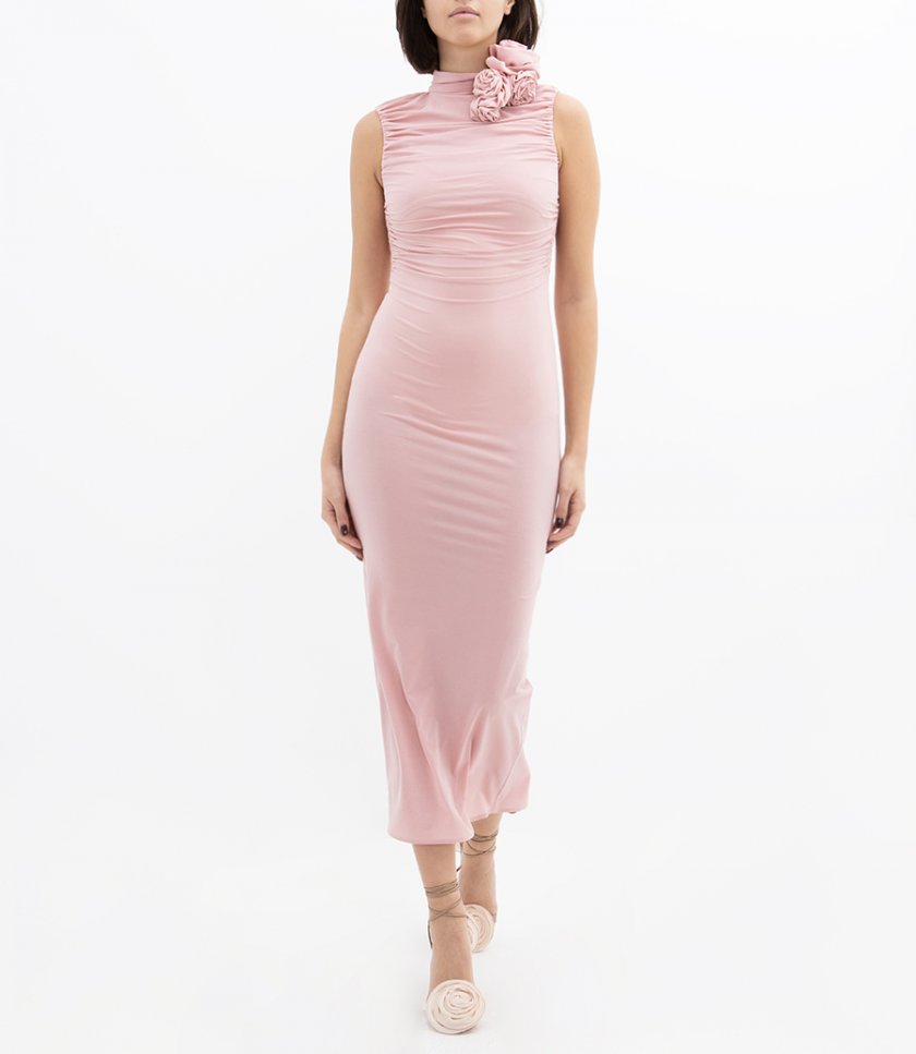 RUCHED MOCK NECK MIDI DRESS