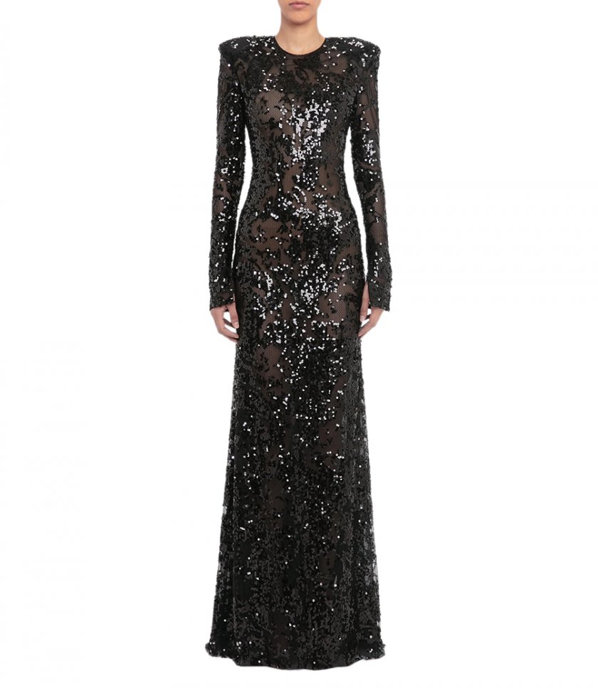 LONG SLEEVE BACKLESS SEQUIN GOWN