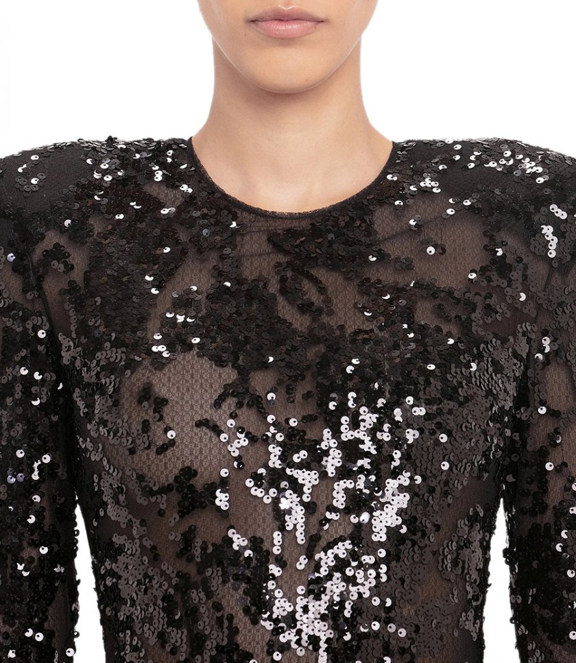 LONG SLEEVE BACKLESS SEQUIN GOWN