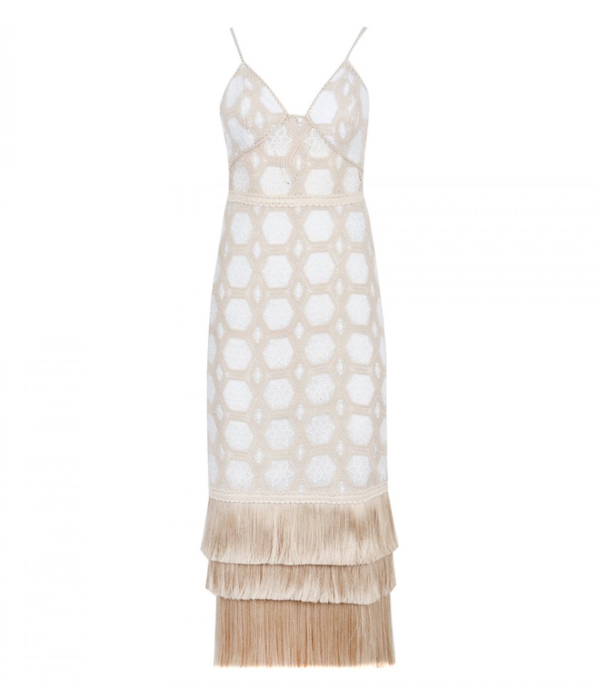 JUST IN - NATURAL CORCHET PLUNGE MIDI DRESS