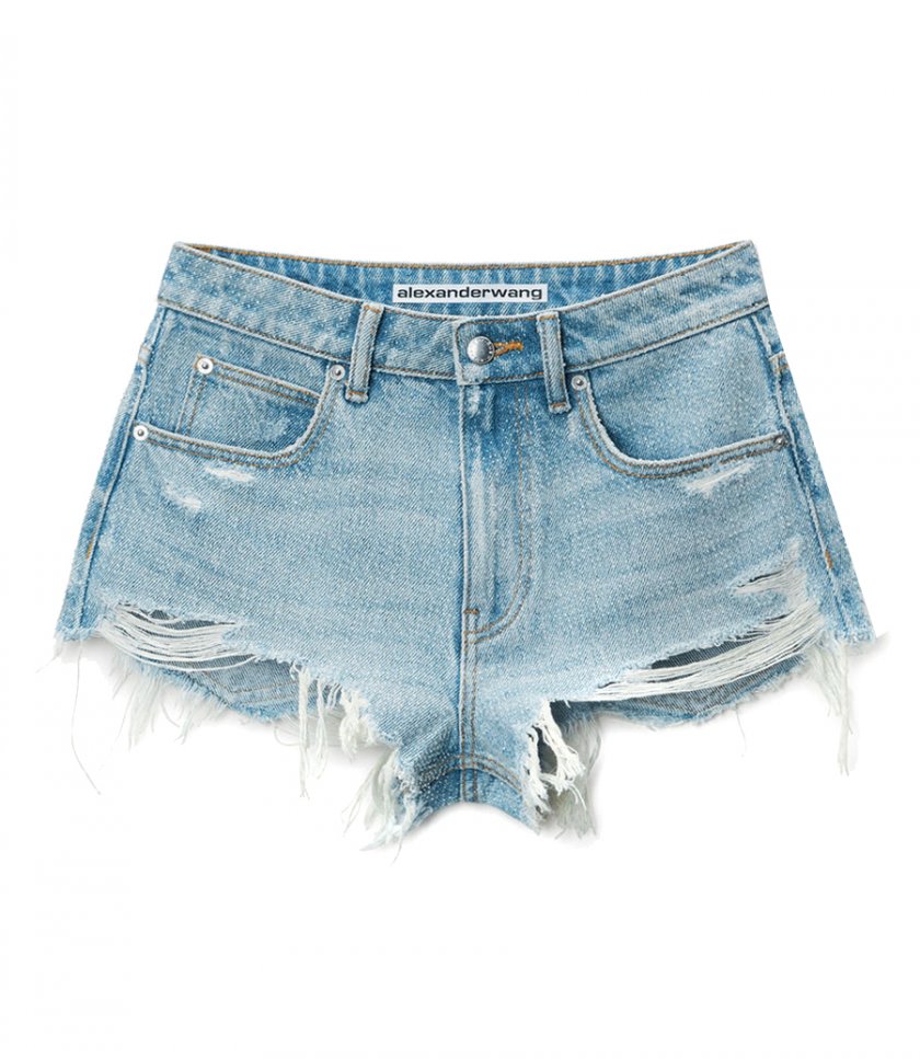 JUST IN - CLEAR BEAD HOTFIX DISTRESSED DENIM SHORTS