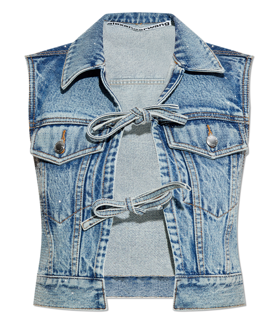 ALEXANDER WANG - TIED FRONT VEST TOP ALL OVER CLEAR BEAD