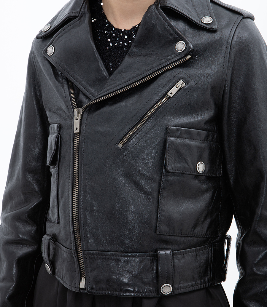 WOMEN’S BLACK LEATHER BIKER JACKET WITH GLOSSY EFFECT