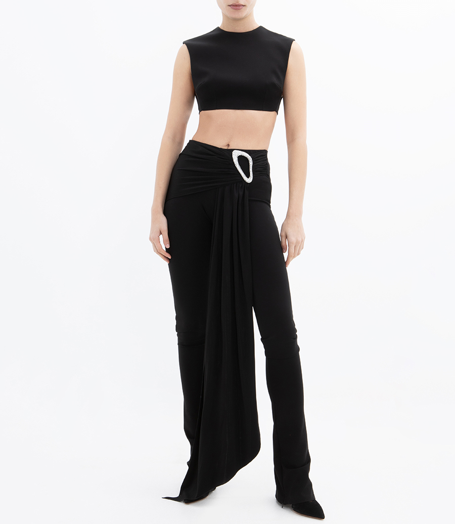 CRYSTAL BUCKLE EMBR & DRAPE OVERLAY TROUSERS