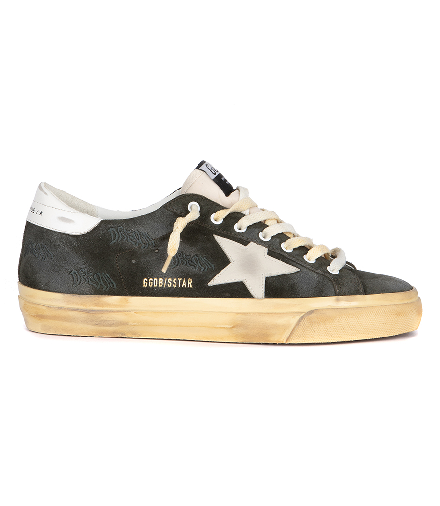 GOLDEN GOOSE  - DARK GREEN SUEDE WITH EMBROIDERY SUPER-STAR