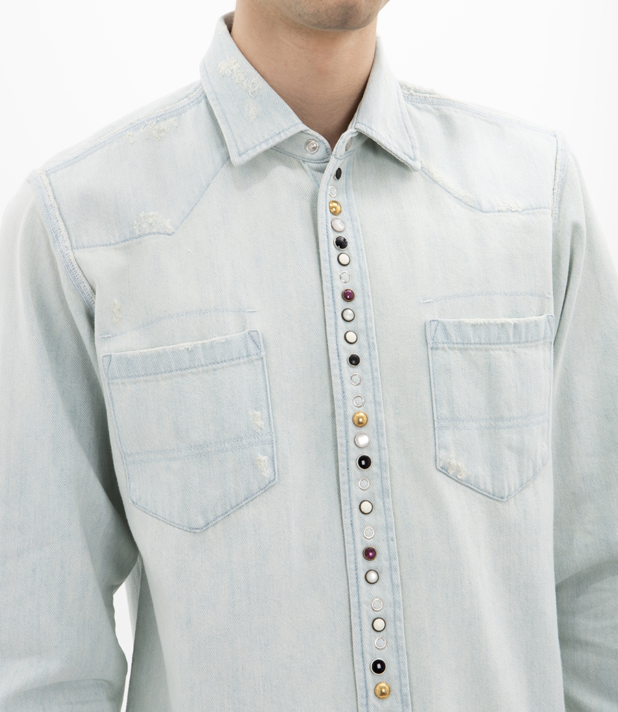 MEN'S BLEACHED DENIM SHIRT WITH HAMMERED STUDS