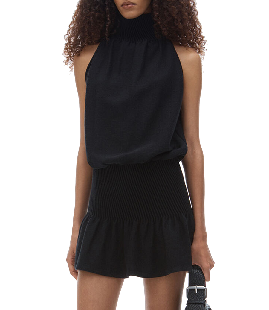 RUCHED TURTLENECK HALTER DRESS