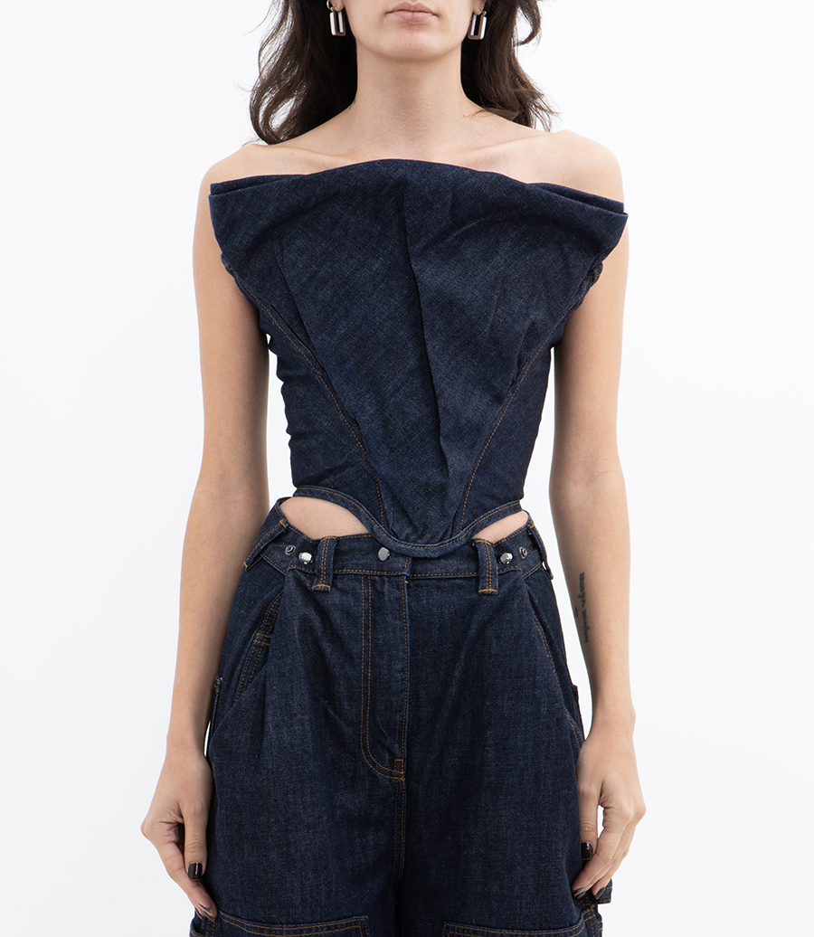 DRAPED STRAPLESS DENIM CORSET