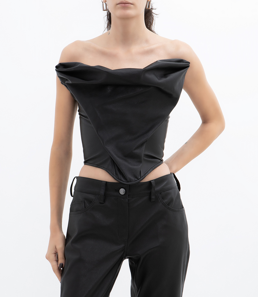 DRAPED STRAPLESS LEATHER CORSET