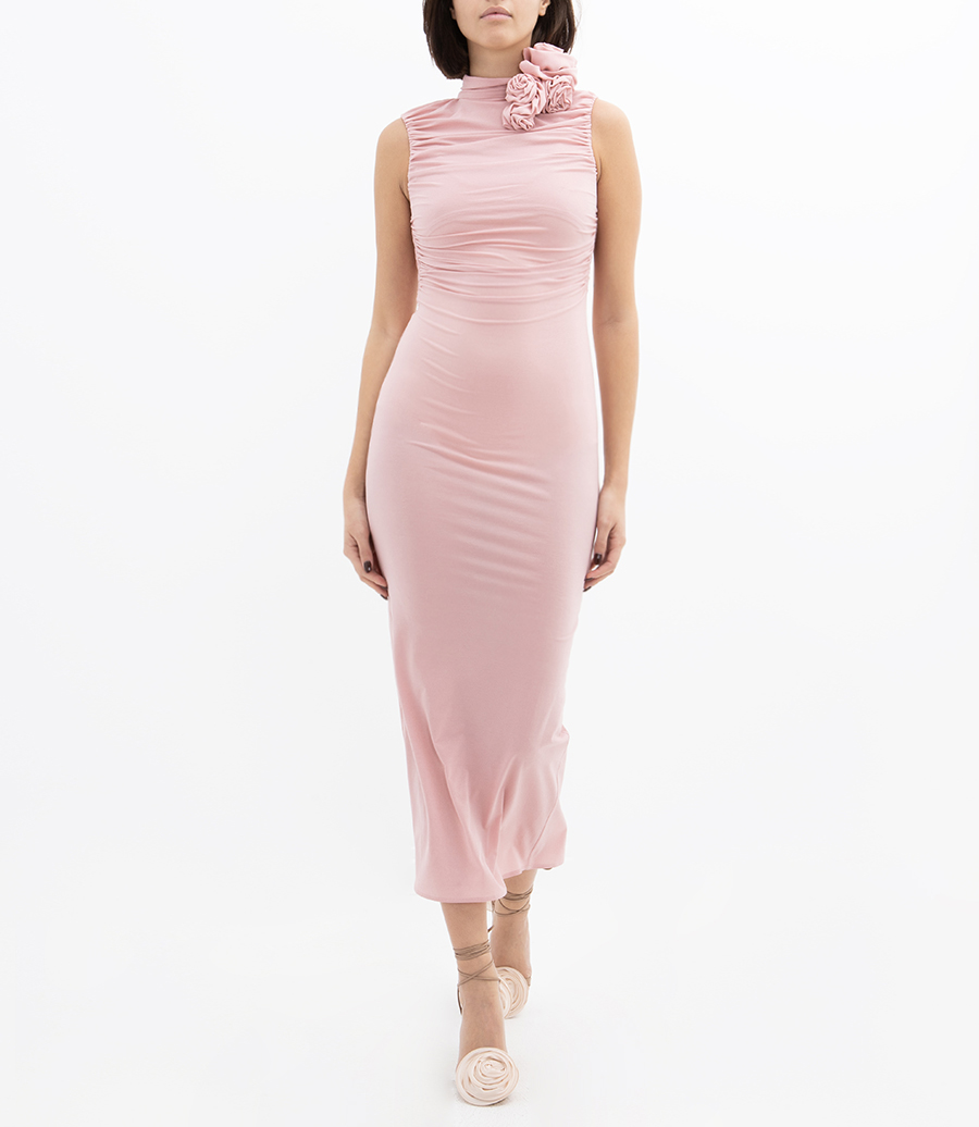 RUCHED MOCK NECK MIDI DRESS