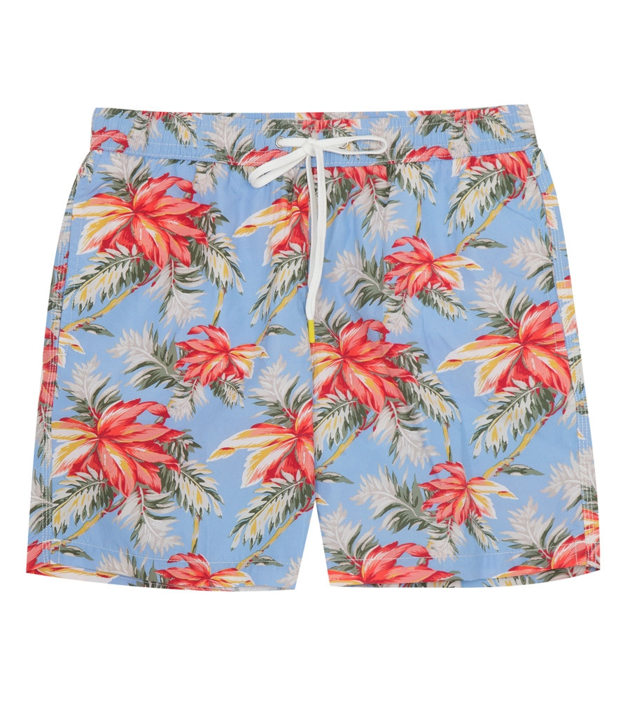 gold hibiscus print swim shorts