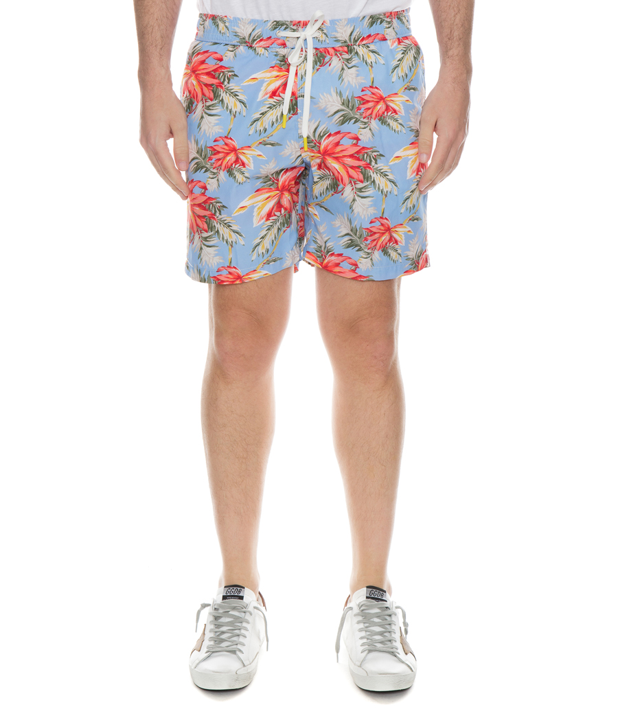 gold hibiscus print swim shorts